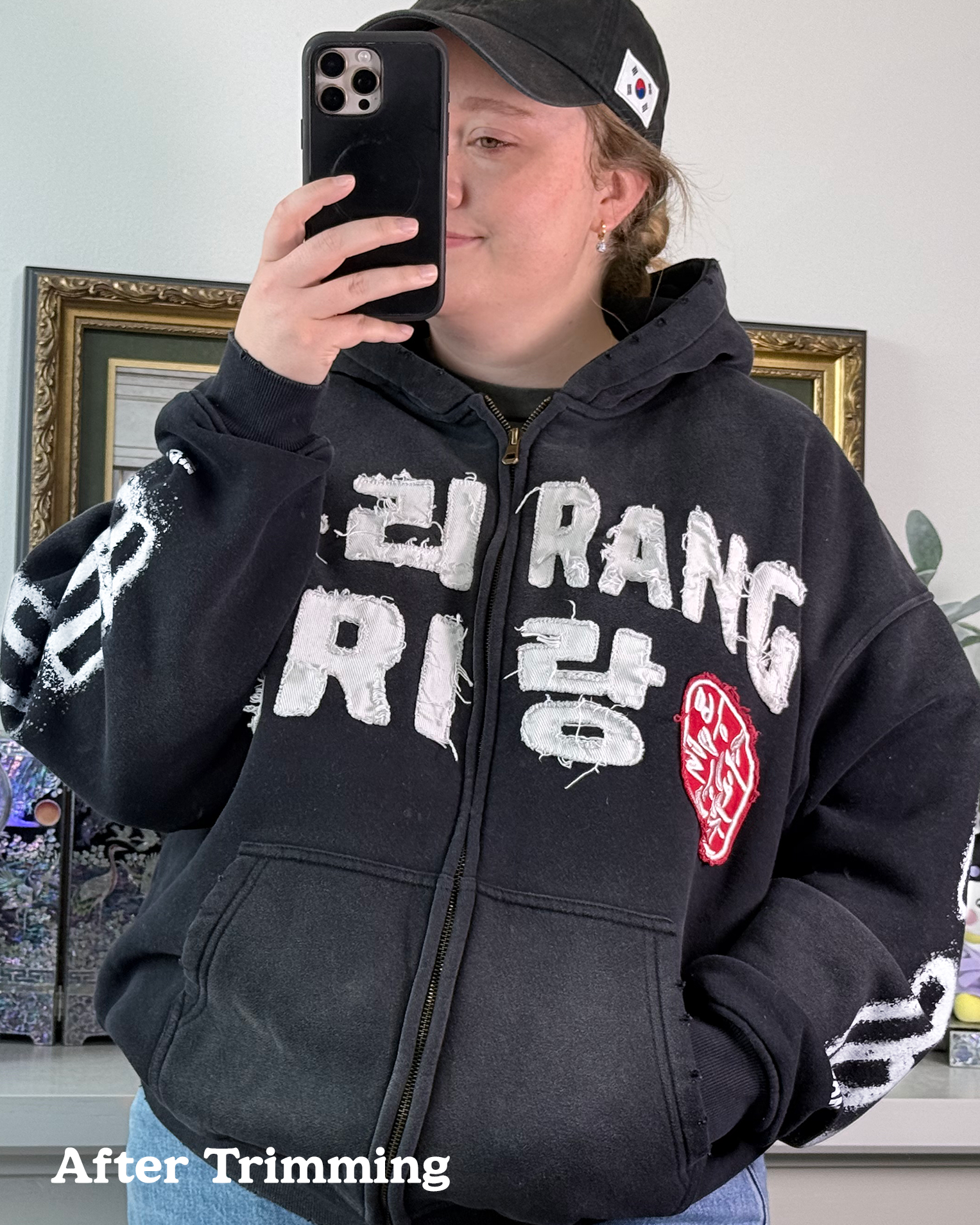 Arirang Korean Stamp Distressed Mineral Wash Zip Up Hoodies