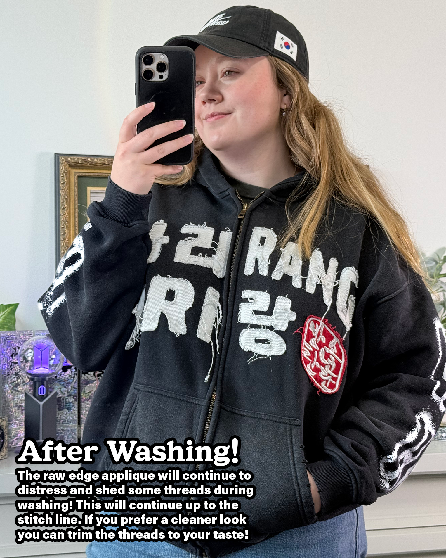 Arirang Korean Stamp Distressed Mineral Wash Zip Up Hoodies