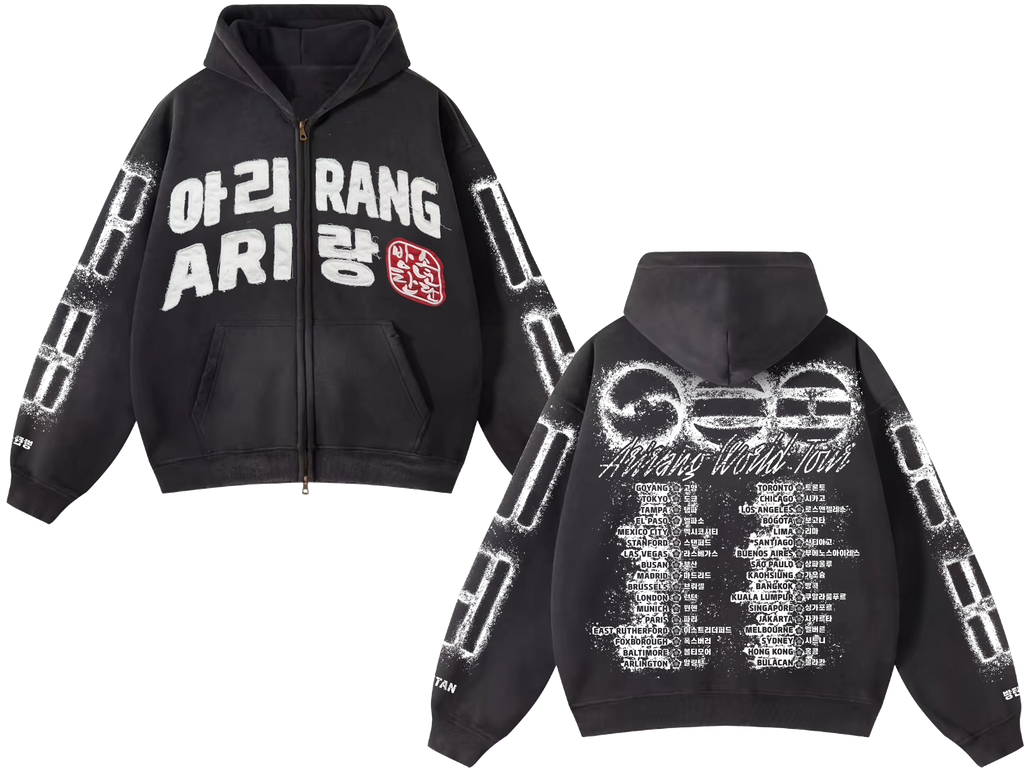 Arirang Korean Stamp Faded Distressed Mineral Wash Zip Up Hoodies