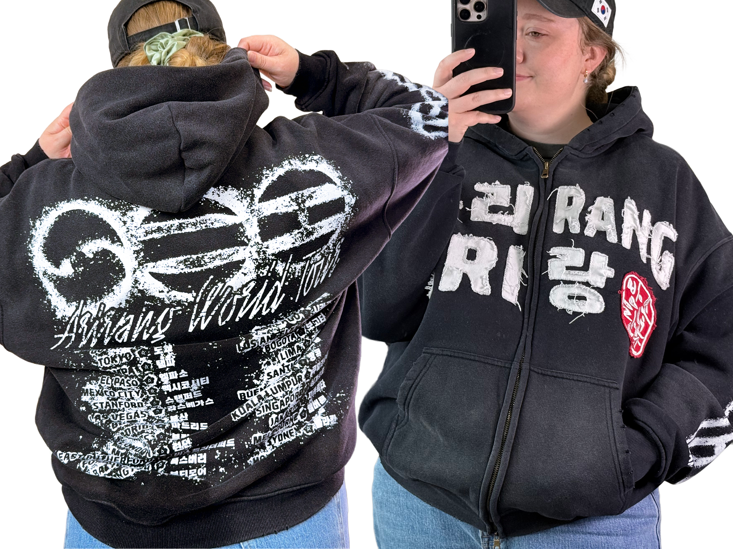 Arirang Korean Stamp Faded Distressed Mineral Wash Zip Up Hoodies [Pre-Order]